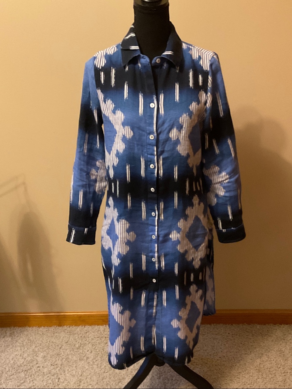 Chico's Blue and White 100% Linen Printed Long-Sleeve Shirt Dress